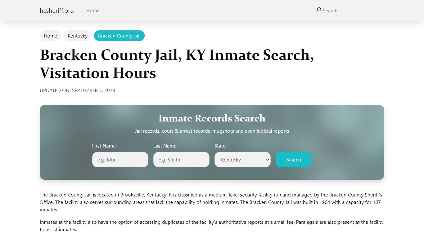 Bracken County Jail, KY Inmate Search, Visitation Hours